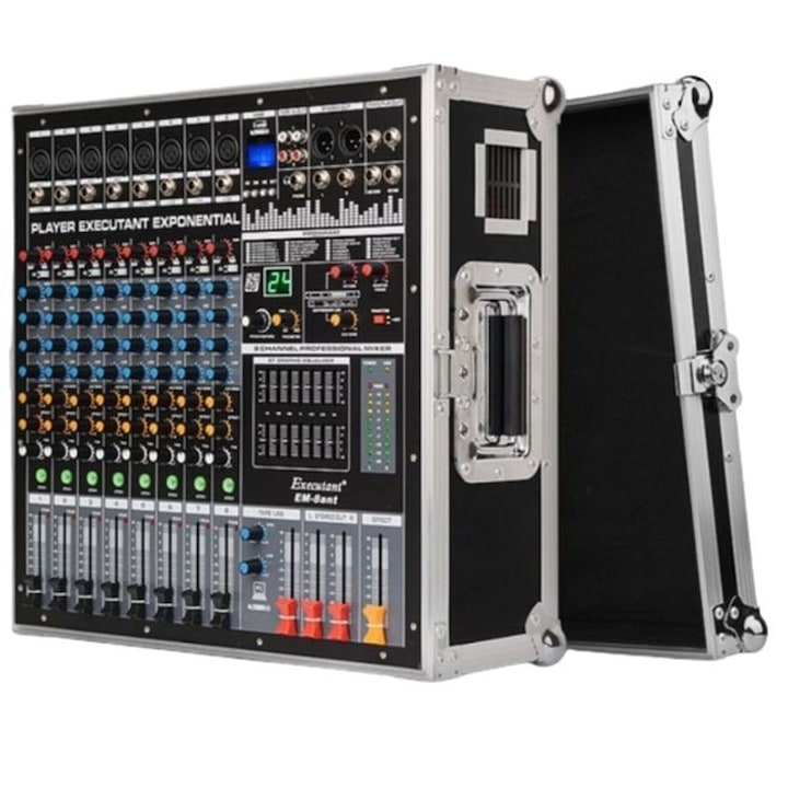 Mixer Audio Profesional 12 Canale cu Amplificare 600 W x 2, Bluetooth Record, Multi-Purpose Input Mic Line Insert Stereo USB Playback si Sound Card