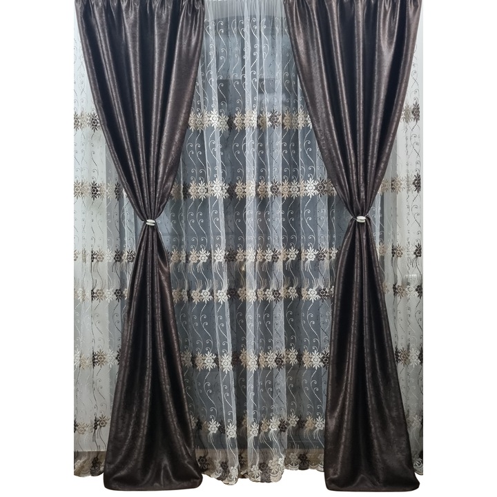 Set MASTEL 2 draperii black-out 2x100x245cm maro-wenge cu perdea brodata 300x245cm bej-maro model BR7, confectionate cu rejansa