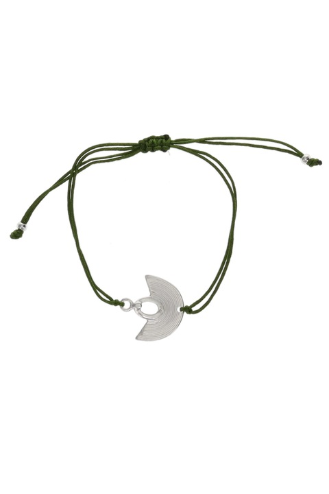 Bratara snur textil, verde, cu semiluna filigranata, cultura Sinú, placata cu argint 1000