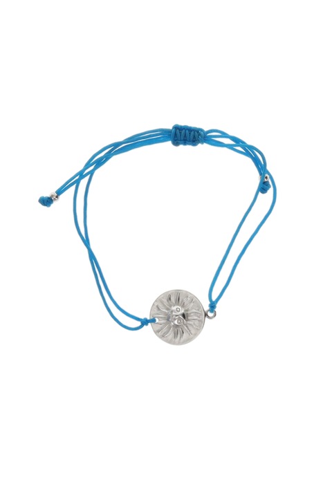 Bratara snur textil albastru, cu soare cu fata, cultura Muisca, placata cu argint 1000