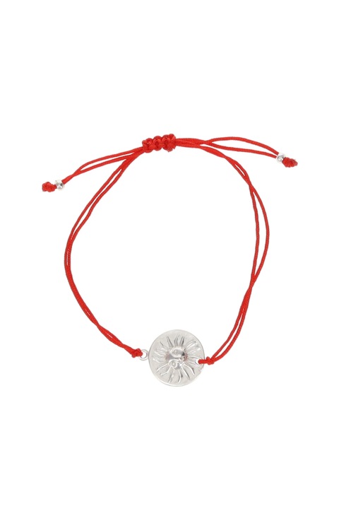 Bratara snur textil rosu, cu soare cu fata, cultura Muisca, placata cu argint 1000