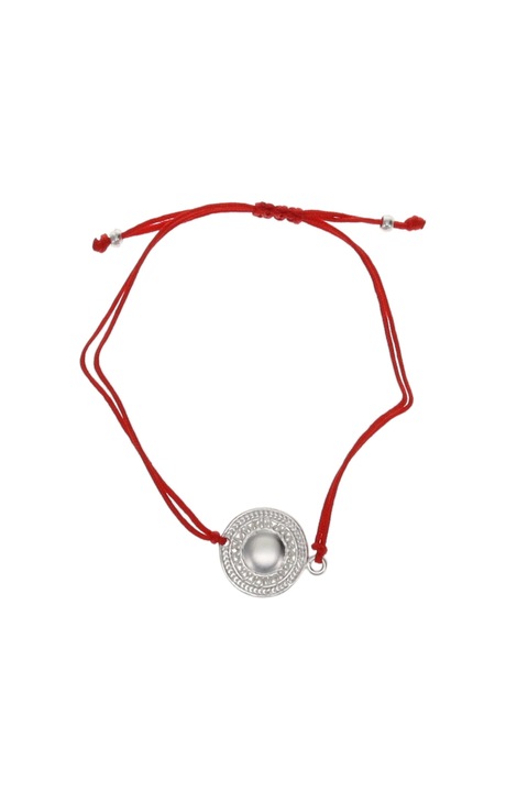 Bratara snur textil rosu, cu model raze de soare, cultura Muisca, placata cu argint 1000