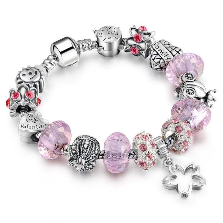 Bratara de dama cu charmuri, 15 talismane, placata cu argint, marime 18 cm, roz, Tessero