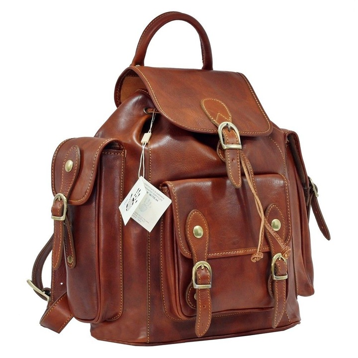 Rucsac voiaj, Util Land, piele naturală, coniac, 30x13x43cm