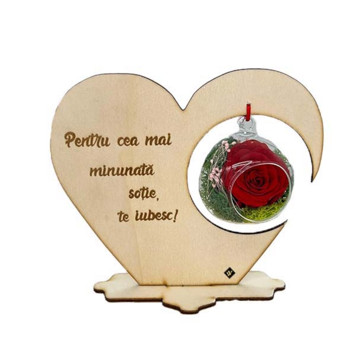 Tablou in forma de inima cu trandafir criogenat si mesaj text, rosu, 17 x 18.5 cm