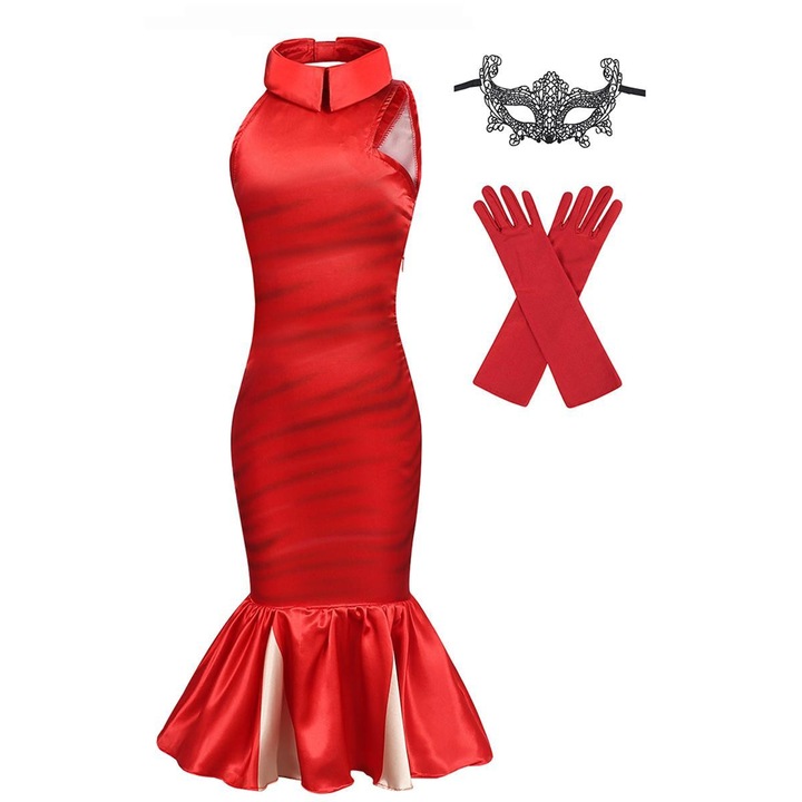 Costum Carnaval Cosplay Cruella Deville, AmzBarley®, cu masca si manusi, Craciun, Halloween, Disney, 3-4 ani, 110 cm, Rosu