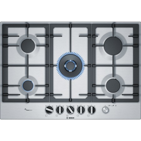 Plita incorporabila Bosch PCR7A5M90, gas, 5 arzatoare, Arzator WOK, Gratare fonta, 75 cm, Inox
