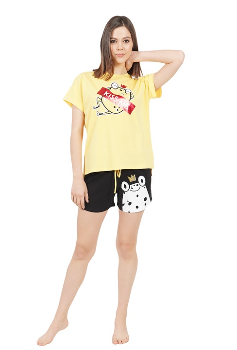 Pijama dama short Vienetta, Kiss Me, galben/negru