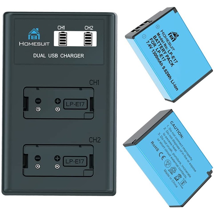 2 db 1300 mAh LP-E17 akkumulátor és dupla töltő LCD kijelzővel, Canon Rebel SL3, SL2, T8i, T7i, T6i, T6s, EOS M3, M5, M6, EOS 200D, 77D, 750D, 760D, 800D, 800D