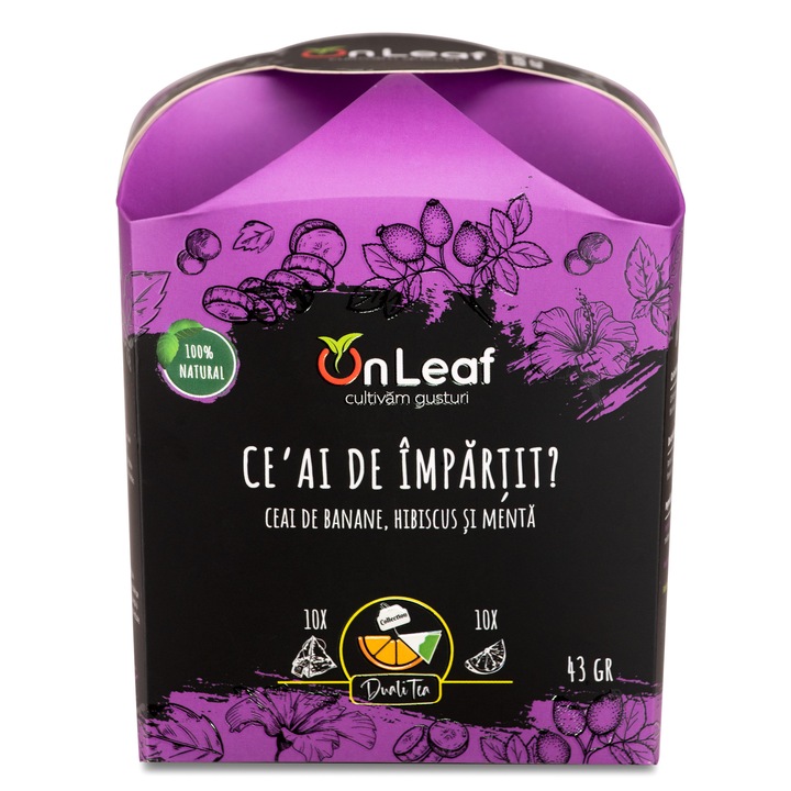 Ceai de Banane, Hibiscus si Menta, OnLeaf, 10 pliculete si 10 bucatele de Fructe Deshidratate, 43 gr
