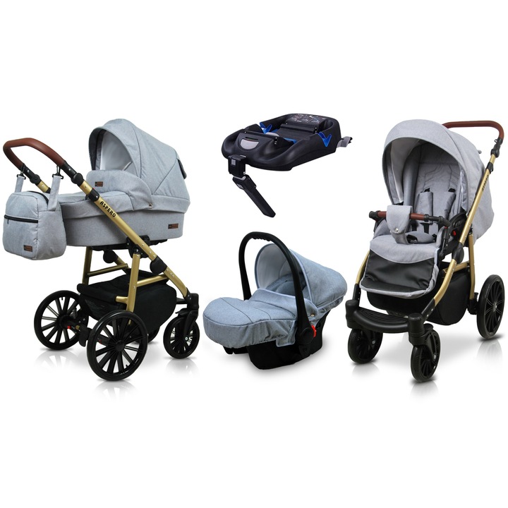 Carucior de Copii BabyLux ASPERO, 4in1, Adanc Reversibil, Scaun Autofaza, Cadru Aluminiu, Isofix, Culoare Silver Flex