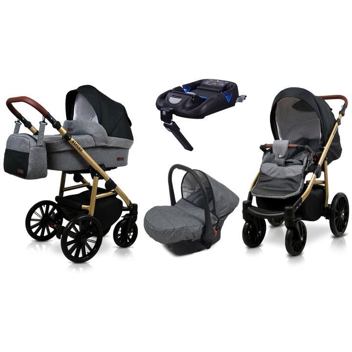 Carucior de Copii BabyLux ASPERO, 4in1, Adanc Reversibil, Scaun Autofaza, Cadru Aluminiu, Isofix, Culoare Grey Flex Black