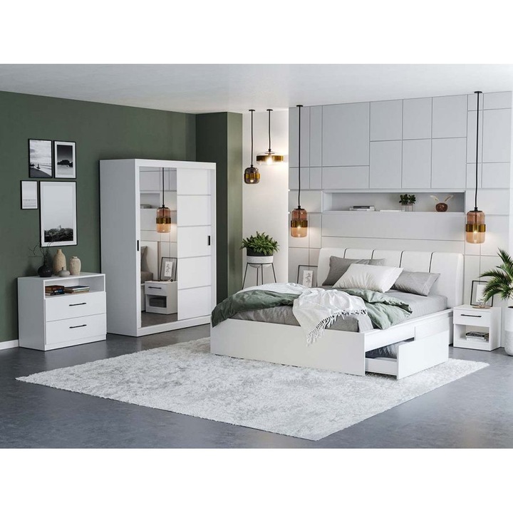 Dormitor Nordis, c/06, Pat tapitat, 160x200, Dulap 138cm cu Oglinda, Comoda, Noptiere, Culoare Alb