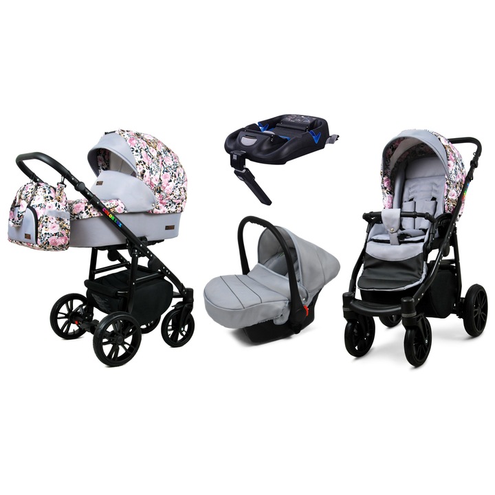 Carucior 4 in 1 Colorlux, BabyLux, Aluminiu/Bumbac, 9/10/15 kg, Gri/Roz