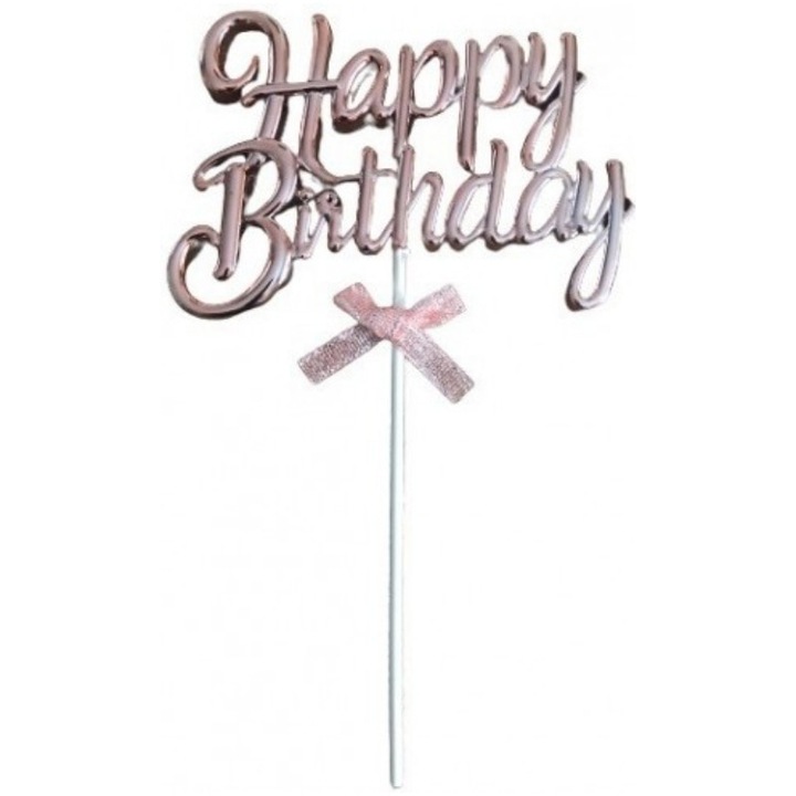 Декорация за торта Happy Birthday 11 x 20 см, Време е за парти, розово злато
