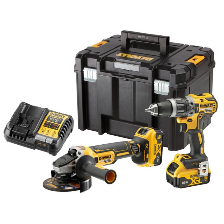 Set 2 scule profesionale pe acumulator 18V Dewalt DCK2080P2T-QW, motor fara perii, masina de gaurit cu percutie DCD796, polizor unghiular DCG405, 2 x acumulator 5 Ah, incarcator, cutie TSTAK