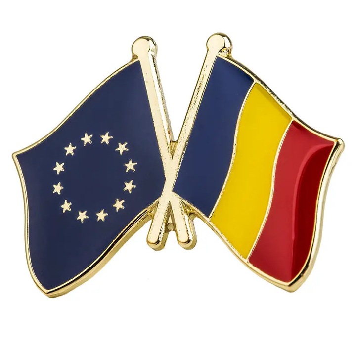 Insigna dublu steag Romania si EU, cu pin, 25x19 mm