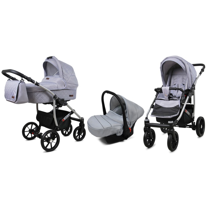 Carucior de Copii BabyLux QBARO 3in1, Adanc Reversibil, Scaun Autofaza, Cadru Aluminiu, Culoare Silver