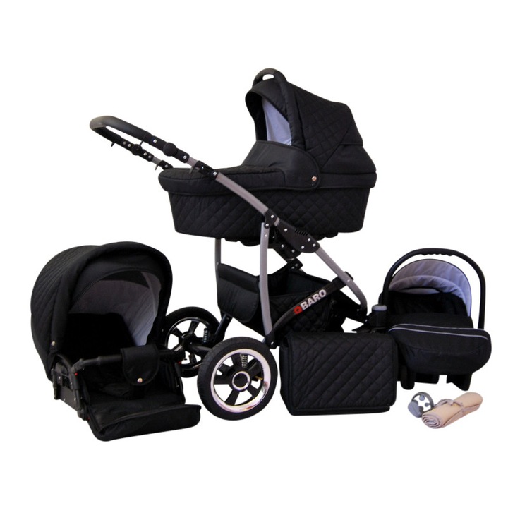 3 az 1-ben babakocsi Qbaro, BabyLux, alumínium / pamut, 9/10/15 kg, fekete