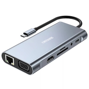Hub adaptor OKTANE® USB Type-C la 1xHDMI, 1xVGA, 1xPower Delivery 3.0, 1xGigabit Ethernet RJ45, 2xUSB3.0, 2xUSB2.0, 1xSD card reader, 1xAudio Jack 3.5mm