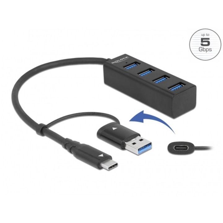 Delock 4 Port USB 3.2 Gen 1 Hub USB Type-C vagy A-típusú USB konnektorral (DL-63828)