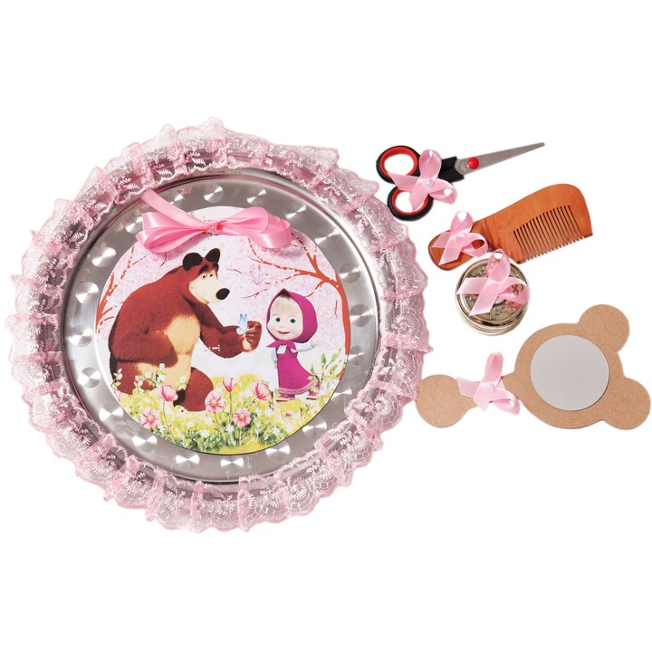 Tavita rotunda cu Masha si Ursul pentru taierea motului, 30 cm, dantela roz, 6 piese, REC1969/38