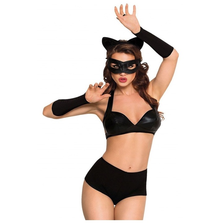 Costum Pisica, Softline, pantaloni scurti, sutien, manusi, masca, urechi, negru, S
