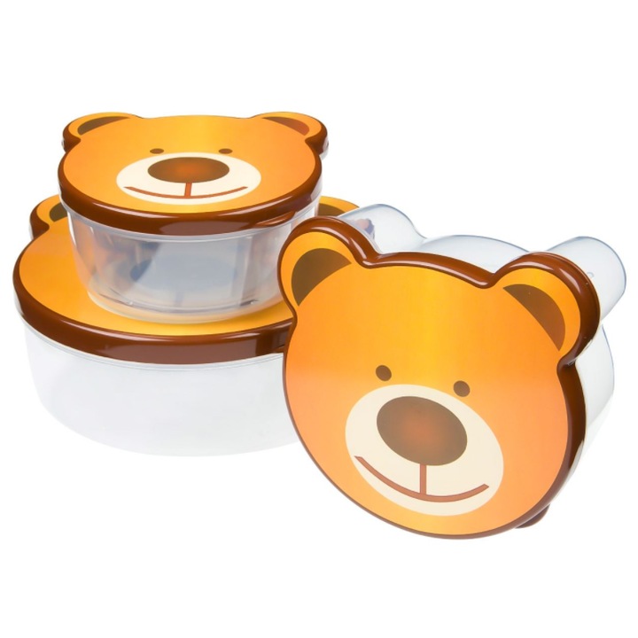 Комплект прозрачни кутии за храна за деца с капак във формата на мече, прозрачни / оранжеви, 4 бр