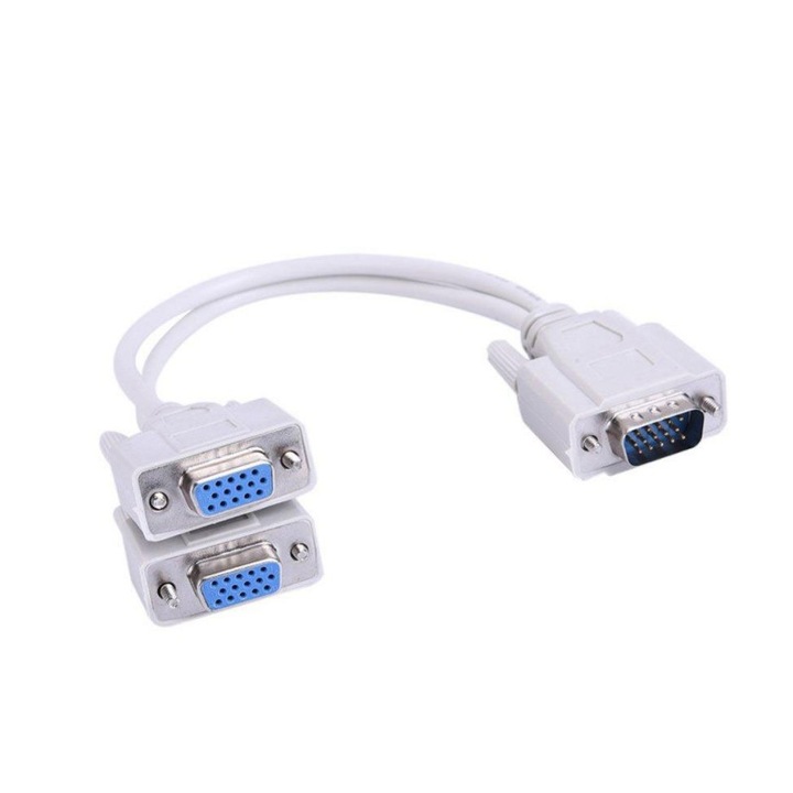 Cablu conector video spliter VGA Tata - 2 VGA Mama pentru PC, TV, 20 cm, Alb, AXT-BBL4418