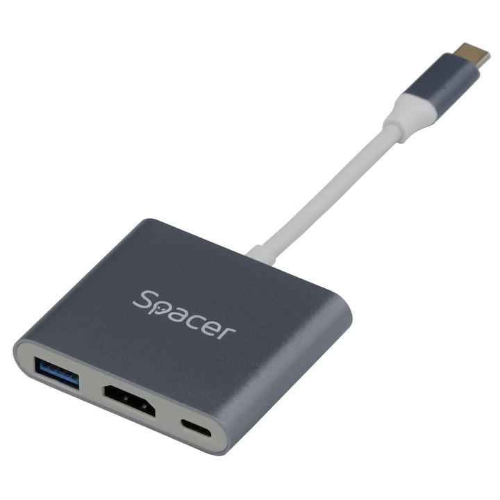 DOCKING Station Spacer universal 3 in 1, conectare Type-C USB 3.1, USB 3.0 x 1, porturi video HDMI x 1, 4K (30Hz), PD 87W, aluminiu, Gri