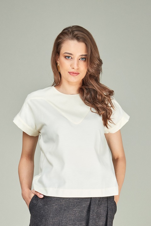 EMA\T, Tricou de bumbac cu decolteu la baza gatului si nasturi pe partea din spate, Alb fildes