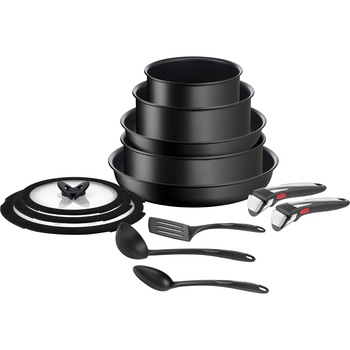 Set 13 piese vase de gatit Tefal Ingenio Unlimited, oale de 16/20 cm, tigaie saute 24 cm, tigai 24 / 28 cm, 2 manere detasabile, 3 spatule, 3 capace de sticla 16 / 20/ 24 cm, inductie, maner detasabil