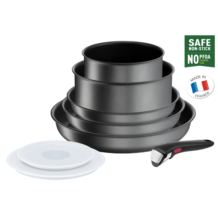 Комплект 8 части Tefal Ingenio Daily Chef, Титаниево незалепващо покритие, Подвижна дръжка, Термосигнален индикатор за температура, Сив