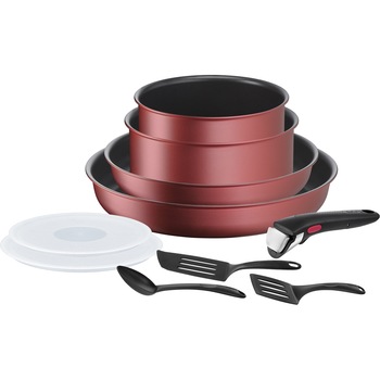 Set 10 piese Tefal Ingenio Daily Chef, oale 16 / 18 cm, tigai 22 / 26 cm, 1 maner detasabil, 3 spatule, 2 capace ermetice 16 / 18 cm, invelis antiaderent, rosu