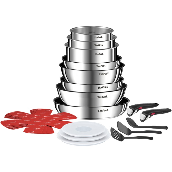 Комплект Tefal Ingenio Emotion, 20 части, Тигани 16/18/20 см, Тиган 22 см, Тигани 22/24/28 см, Wok 26 см, 2 дръжки, 3 шпатули, 3 капака