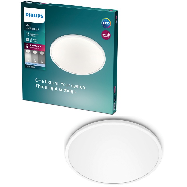 Plafoniera LED Philips Superslim CL550, intensitate luminoasa reglabila, 18W, 1700 lm, lumina neutra (4000K), 30cm, Alb, clasa energetica E