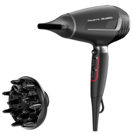 Uscator de par Rowenta x Karl Lagerfeld Pro Stylist CV888LF0, 2200W, Tehnologia Rowenta Air-to-Care, invelis Keratin&Glow, 3 accesorii, jet de aer rece, cablu 1.8m, negru&gri