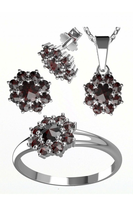 Set bijuterii dama, A-B, Argint/Granat, Argintiu/Rosu