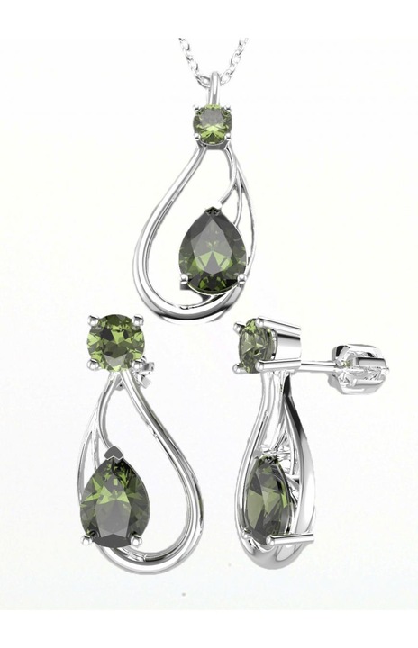Set bijuterii dama, A-B, Argint/Pietre pretioase, Argintiu/Verde