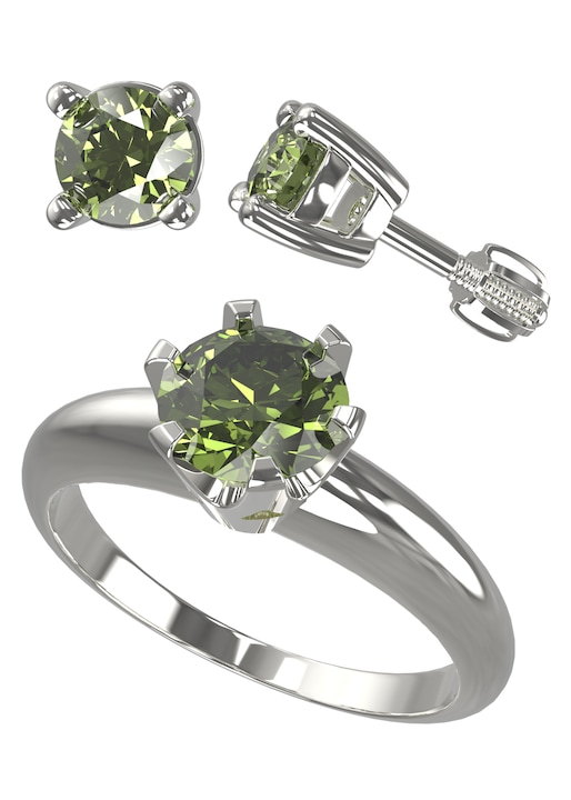 Set bijuterii dama, A-B, Argint/Pietre pretioase, Argintiu/Verde