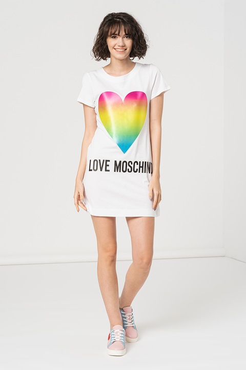 Love Moschino, Памучна рокля тип тениска с лого, Жълт/Бял/Черен