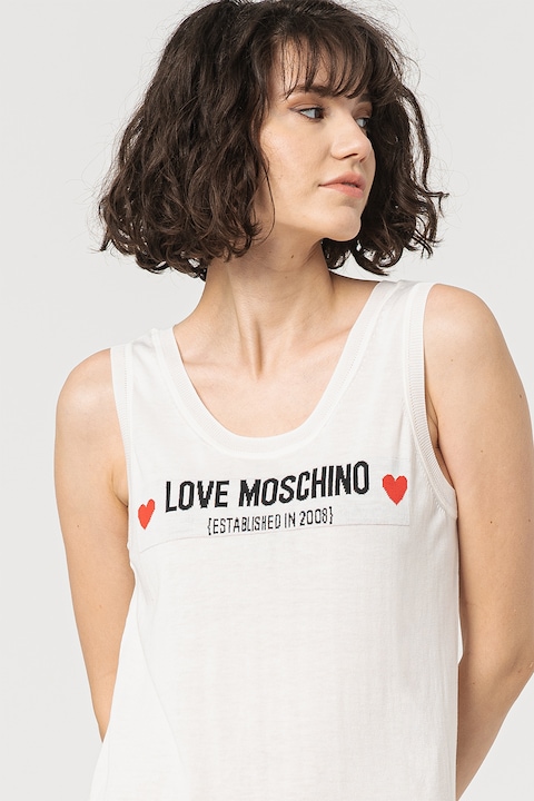 Love Moschino, Рокля с памук и коприна с лого, Мръснобял/Черен