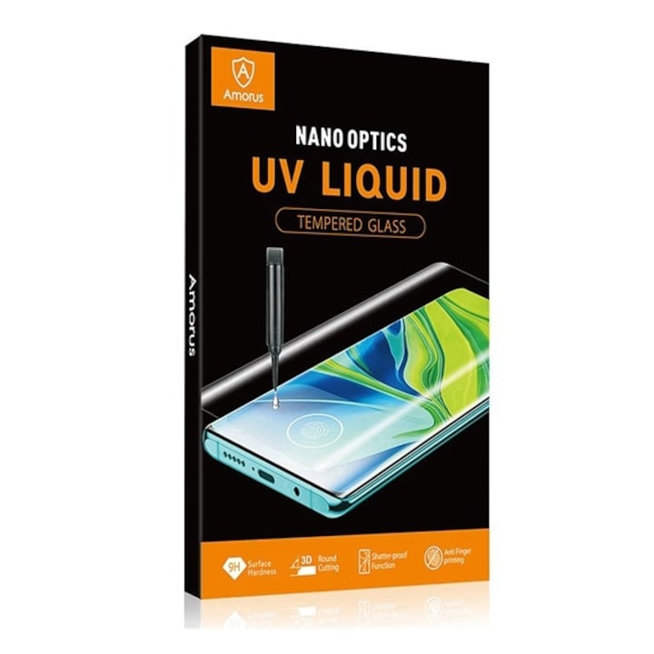 Amorus UV Liquid 3D full cover edzett üveg Samsung Galaxy Note 10 Plus készülékhez, átlátszó + UV lámpa