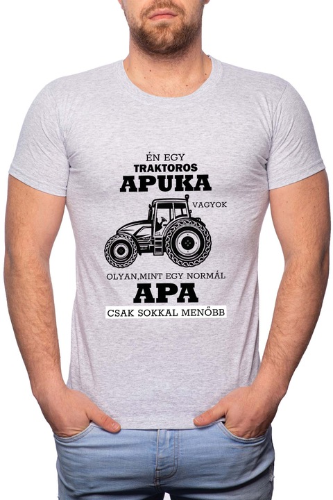 Traktoros apa, Normál fazonú feliratos férfi poló, 100% Pamut, R409, Szürke