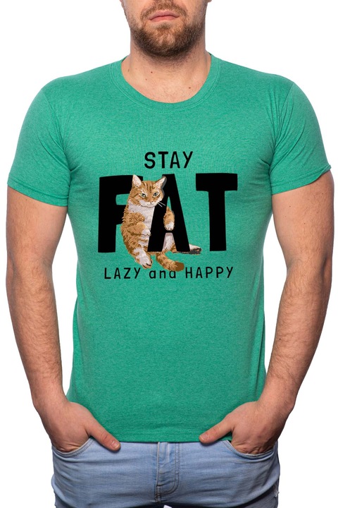 Lazy and Happy, Normál fazonú feliratos férfi poló, 100% Pamut, G412, Zöld