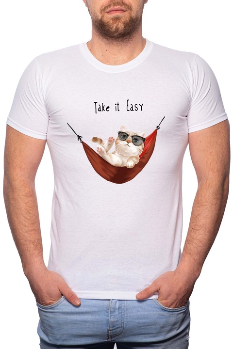 Take It Easy, Normál fazonú feliratos férfi poló, 100% Pamut, R413, Fehér