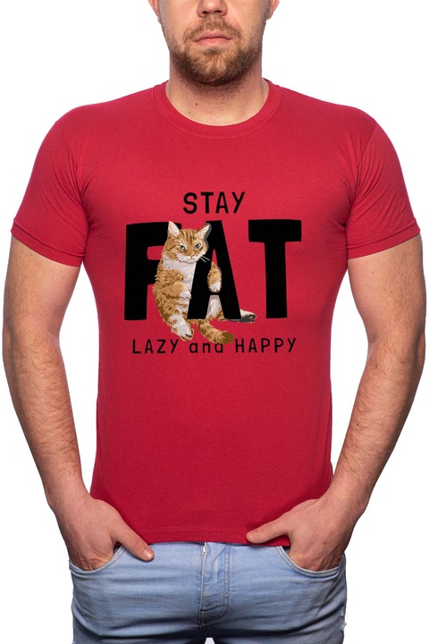 Lazy and Happy, Normál fazonú feliratos férfi poló, 100% Pamut, G412, Piros