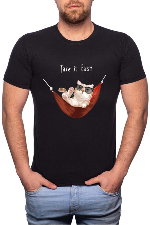 Take It Easy, Normál fazonú feliratos férfi poló, 100% Pamut, R413, Fekete