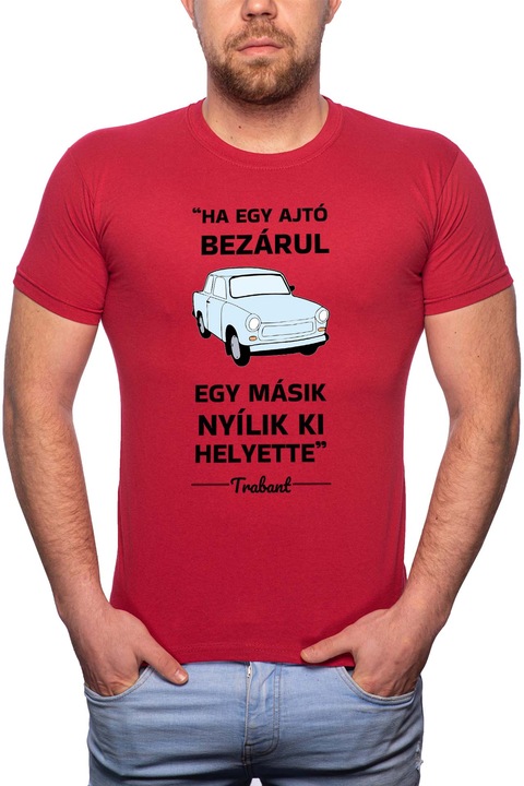 Trabant, Normál fazonú feliratos férfi poló, 100% Pamut, R417, Piros