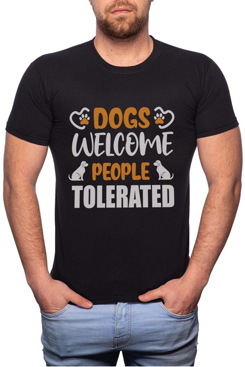 Dogs Welcome, Normál fazonú feliratos férfi poló, 100% Pamut, R421, Fekete